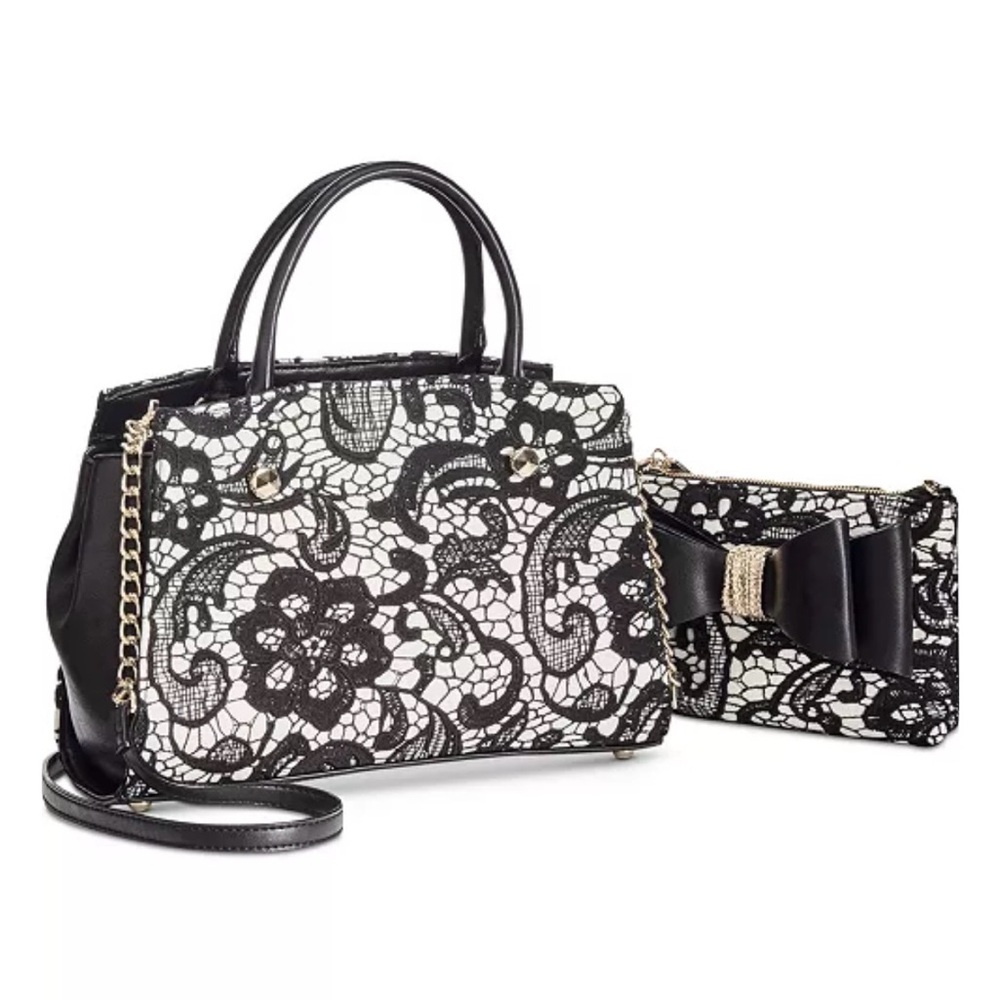 Betsey Johnson Black and White Lace Bow Satchel with Pouch - Picture 2 of 3